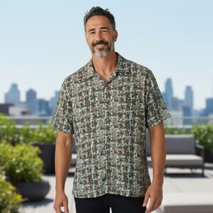 Caribbean Joe Men's Blue & Brown Floral Print Short Sleeve Button Shirt Size 2XL